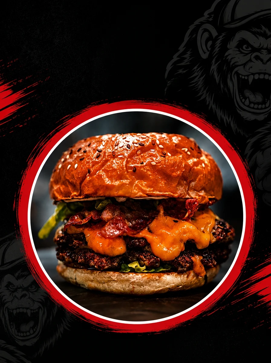 Kong Burger cu vită, cheddar și bacon pe fundal cu gorila KONG